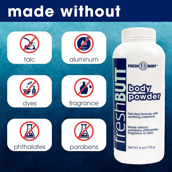 Fresh Butt Body Powder for Men & Women - Talc-Free with Calamine for Friction Fighting, Anti-Chafing, Anti-Itch, Odor & Sweat Absorbing, Unscented, 6oz