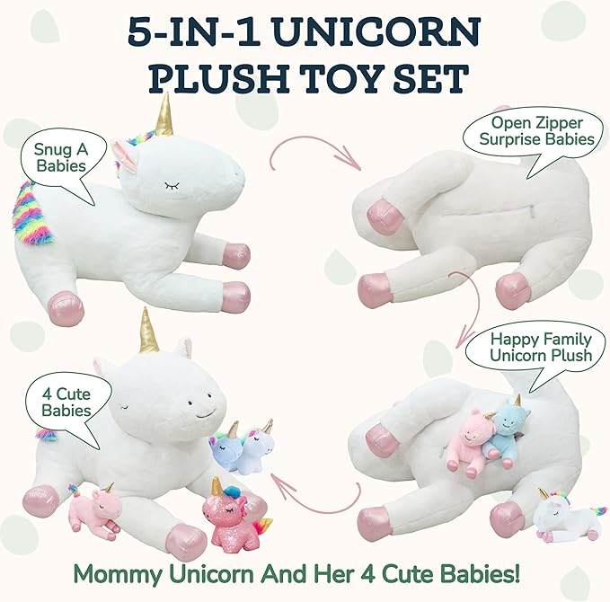 PixieCrush Giant Unicorn Stuffed Animals for Girls Ages 3 4 5 6 7 8 Years; Snugababies Family of Stuffed Mommy with 4 Baby Unicorns in her Tummy; Soft Unicorn Pillows for Girls