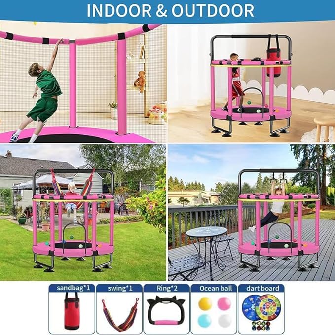 Trampoline for Kids, Upgrade Full Anti-Rust 440lbs Indoor Outdoor Toddler Trampoline with Net, 55" Adjustable Baby Toddler Trampolines Accessories Dart Board