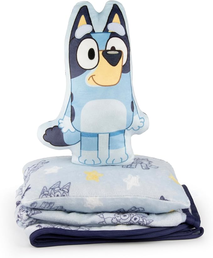 Jay Franco Kids 3 Piece Gift Set – 12" Shaped Character Pillow, 12" Decorative Pillow & 40" x 50" Throw Blanket, Ultra-Soft Plush Bedding, Couch Décor & Holiday Travel Set, Blue - Bluey