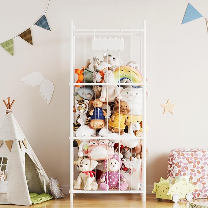 SpaceAid Stuffed Animal Storage Organizer, Wood Animals Zoo Toy Plushies Storage Holder, Large Capacity Plush Toy Cage for Playroom Organization, 22.8" Wide, White