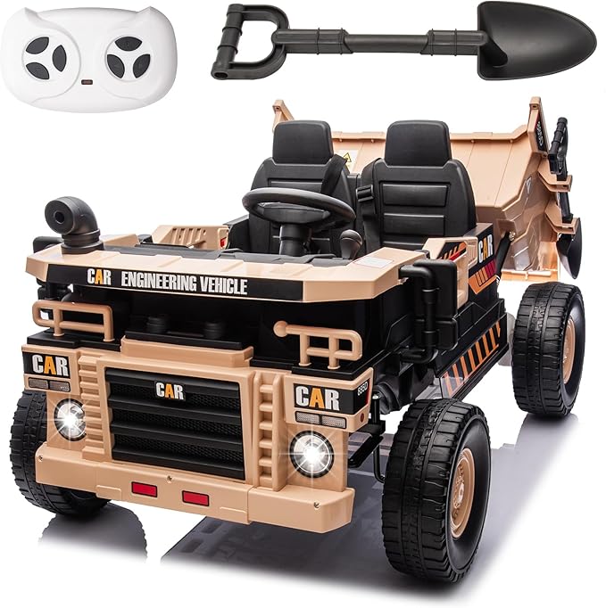 POSTACK 24 Volt Ride on Car with Remote Control, Ride on Construction Vehicle 4 Powerful Motors,20" Spacious 2 Seater Ride On Toddler Car Side by Side with Electric Dump Bed, Khaki
