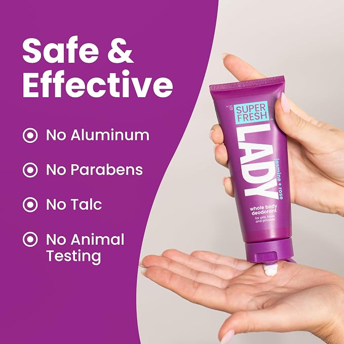 Super Fresh Lady Whole Body Deodorant for Women Twin Pack Aluminum Free Lotion for Privates Body and Skinfolds Stops Odor Jasmine Rose Scent Feminine Hygiene Two 4 oz Tubes for Daily Use