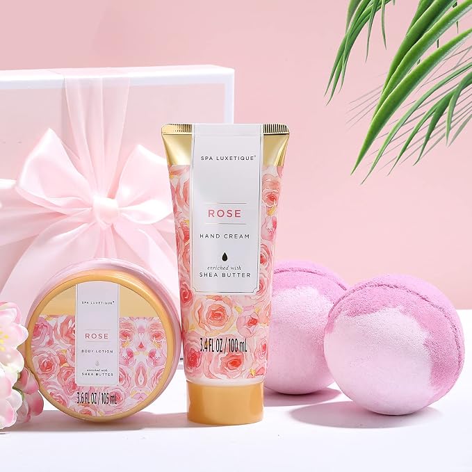 Spa Luxetique Spa Gift Baskets for Women, 12 Pcs Rose Presents Set with Bubble Bath, Bath Bombs, Body Lotion, Hand Cream, Christmas Gift Basket for Mom