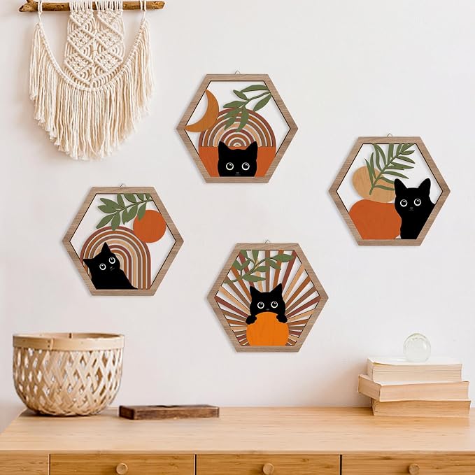 Boho Black Cat Wall Decor, Farmhouse Geometric Hanging Wooden Wall Art, 4 Pieces 11''x9.8'' Mid Century Bohemian Abstract Moon and Sun Wood Sign for Nursery Bedroom Decoration, Lovely Cat Gifts