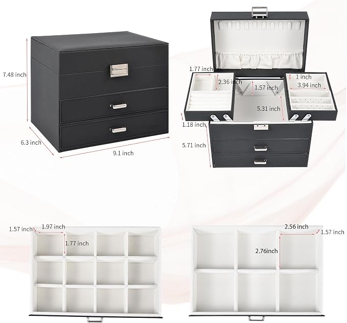 Jewelry Organizer Box, Large Jewelry Boxes for Women Girls, Space-Saving 4 Layers Jewelry Storage Case with Drawer, Movable Metal Stand, Modern, Gift Idea (Black + Silver)