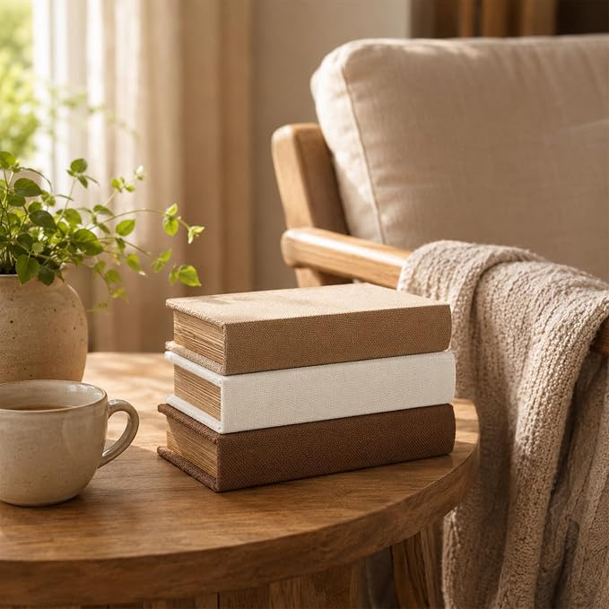 Decorative Linen Faux Book Storage Box Neutral Decorative Book Accent,8" | Vintage book style, faux linen texture, hidden storage, shelf decoration, farmhouse home decor, office organization