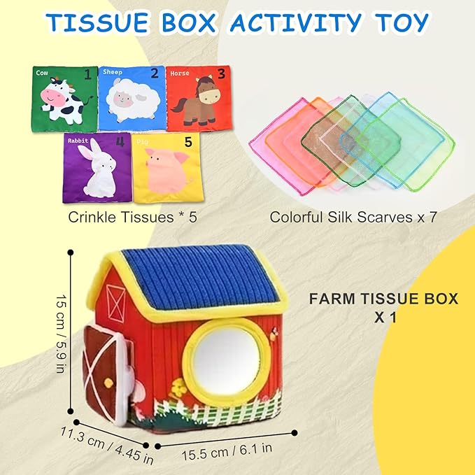 weirtoya Baby Tissue Box Toy-Montessori Sensory Activity Center for 6-18 Months,Farm Animals, Squeaky Sounds, Safety Mirror Play Silks, Top Choice for Baby Registry, Easter Baskets & Birthday Gifts