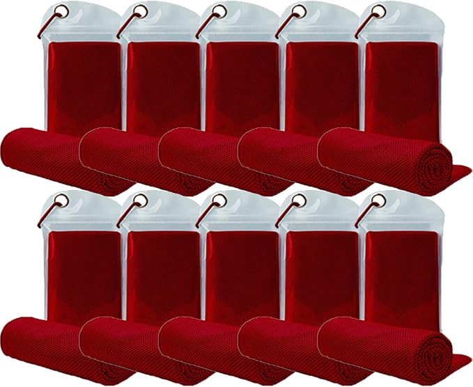 10 Pack Cooling Towels Bulk Microfiber Ice Towel Quick Dry Breathable Chilly Sweat Towel Stay Cool Towel for Neck Face Yoga Gym Workout Running Pilates Beach with Carabin Bag, 40x12'', Red