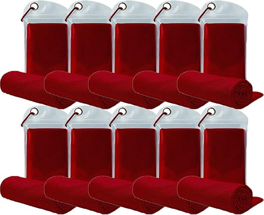 10 Pack Cooling Towels Bulk Microfiber Ice Towel Quick Dry Breathable Chilly Sweat Towel Stay Cool Towel for Neck Face Yoga Gym Workout Running Pilates Beach with Carabin Bag, 40x12'', Red