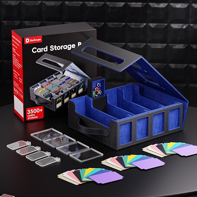 Trading Card Storage Box – 3500+ Magnetic MTG Deck Box with Handle,Commander & Toploader Display, Dice Box,4 Dividers & 30 Color Labels – Fits for TCG,MTG,Yu-Gi-Oh and Sport cards(Black/Blue)