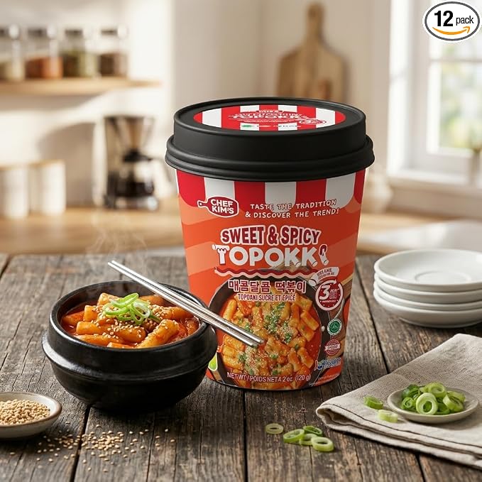 POCAS Chef Kim's Korean Instant Topokki Rice Cake Cups, Microwaveable Rice Cake Snack, Ready in 3 Minutes, 4.2 oz (120g) per Cup, 12 Tteokbokki Cups per Case, Authentic Korean Street Food. (Sweet & Spicy)