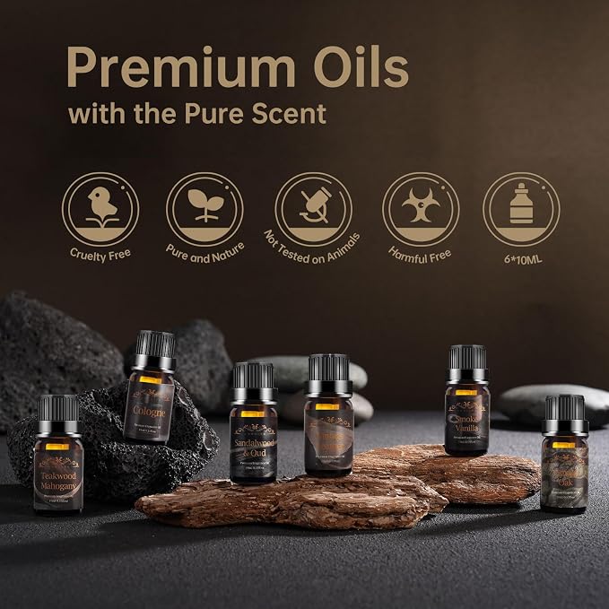 Men Essential Oils Set for Diffuser for Home, 6x10ml Masculine Fragrance Oils for Candle Making, Scented Oil Gift Set for Men, Mahogany, Sandalwood, Cologne, Smoke Vanilla, Leather