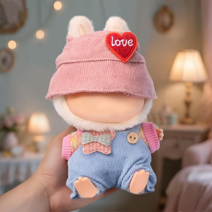 Handmade 17cm Doll Clothes - Kawaii Chic Style Set, Cute Doll Outfit with Accessories, Star Light Blue Romper + Heart Shaped Pink Hat + Colorful T-Shirt