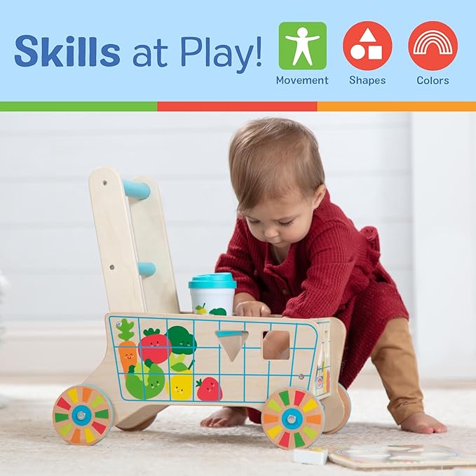 Melissa & Doug Wooden Shape Sorting Grocery Cart - Toddler Toys with 12 Blocks, Puzzle Board and Coffee Cup for Pretend Play and Montessori Toys - FSC Certified