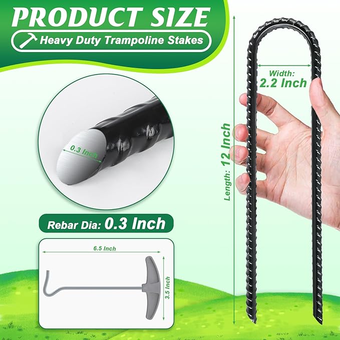 Gtongoko Trampoline Stakes, Trampoline Accessories, Ground Stakes Heavy Duty with T Hook, Ground Anchors, Rebar Stakes, High Wind Tent Anchors, Galvanized Steel, U Shaped, Black