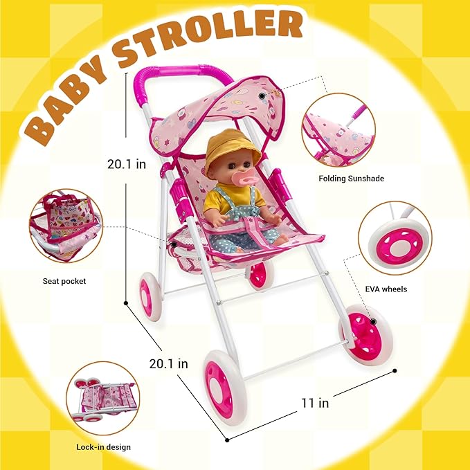 Baby Doll Stroller Set Toys for Girls Toddlers 3-5 4-6 5-7 Gifts, 12.2" Baby Doll Set with 2 Set Doll Clothes, Dining Chair, Baby Stroller Toys for Accessories Pretend Play