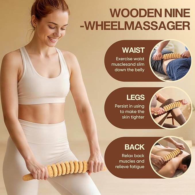 3Pcs Wood Therapy Massage Tools Set for Body Sculpting | Massage Roller Rope, Gua Sha Board for Lymphatic Drainage, Neck, Back, Waist and Legs