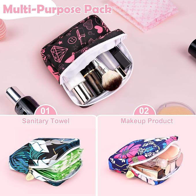 Period Bag for Girls Polyester Period Pouch Pad Bag First Period Kit for Teen Pads/Sanitary Napkins/Small Tampons, Feminine Hygiene Organizer for Women (Navy Blue Daisy)