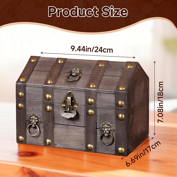 Large Vintage Wooden Treasure Chest Antique Box with Metal Lock | Wood Jewelry Box Storage Decorative Boxes Handmade Rectangle Organizer for Women Ring Necklace Earring Coins Collectibles