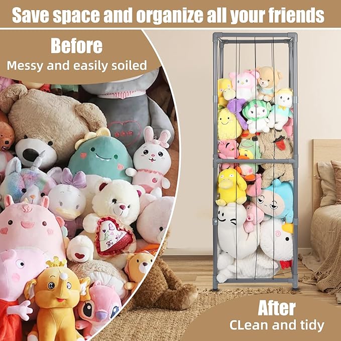 Stuffed Animal Storage Zoo Stuffed Animal Holder,Off-Ground and Space Save Vertical Stuffed Animals Organizer PVC with Elastic for Bedroom Playroom Nursery (Greyish Black, Large)