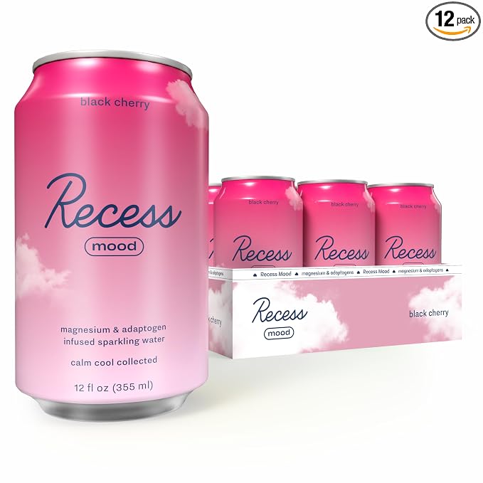 Recess Mood Magnesium & Adaptogen Drink, Relaxation Beverage, 12 ounce (Black Cherry, 12 pack)