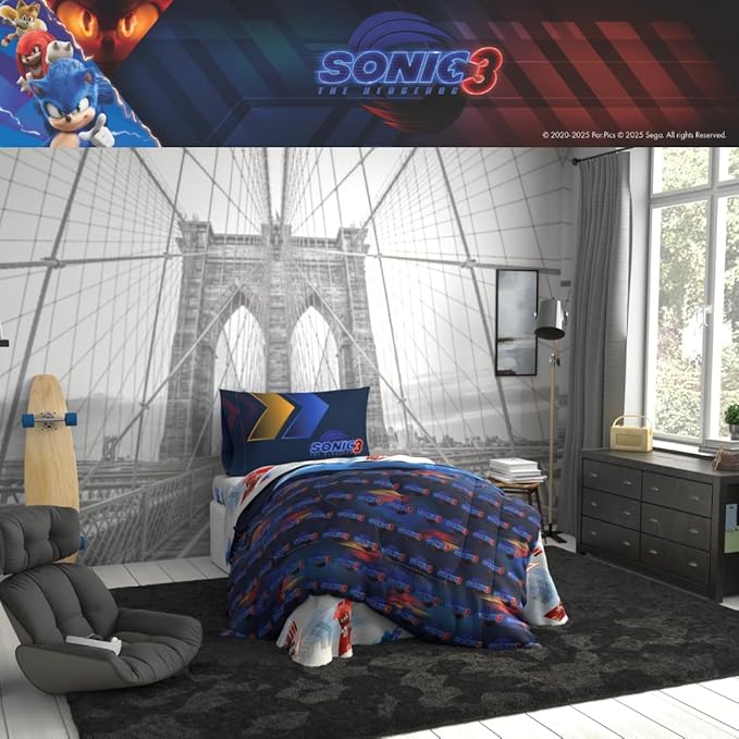 Sonic The Hedgehog 3 Movie Kids Bedding Super Soft Comforter and Sheet Set, 4 Piece Twin Size, (Officially Licensed Product) by Franco | Durable, Reversible, Officially Licensed