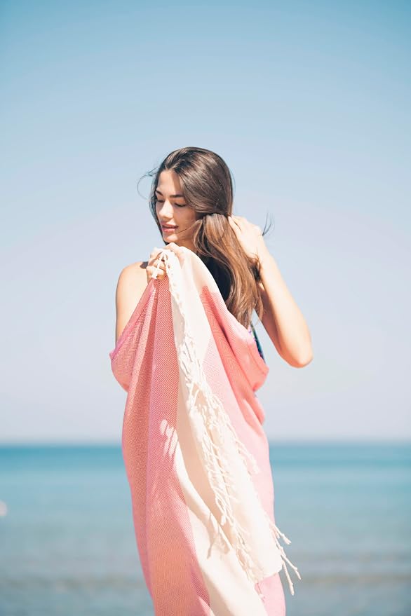 Bazaar Anatolia Turkish Beach Towel 100% Cotton Bath Towels 71x39 Quick Dry Sand Free Lightweight Large Oversized Herringbone Coral