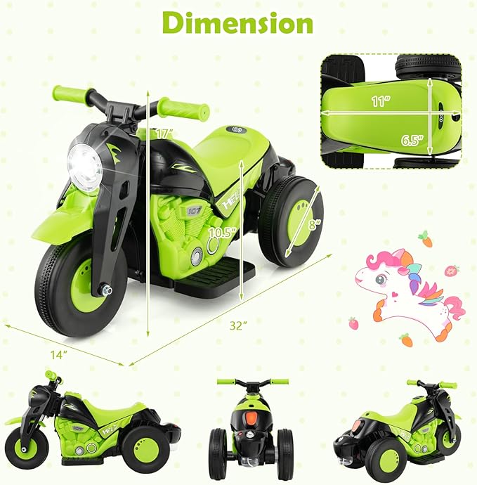 HONEY JOY Ride On Motorcycle, 6V Toddler Motorcycle with Bubble Maker, LED Light, Music, Foot Pedal, Forward/Backward, 3-Wheel Battery Powered Electric Motorcycle for Kids, Gift for Boys Girls (Green)