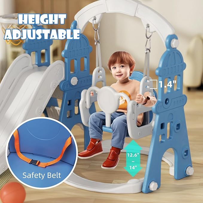 XJD 6-in-1 Toddler Slide and Swing Set, Kids Slide for Toddlers Age 1+, Toddler Outdoor Playset with Basketball Hoop, Football Frame, Swing, Outdoor Indoor Playground for Toddlers 1-3 (Blue)