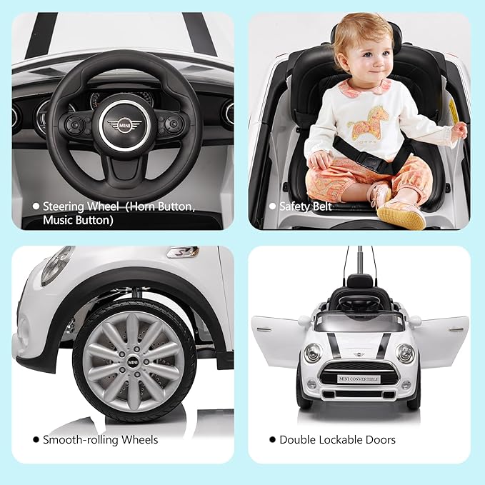 Kids Push Car,Ride On Car,Licensed MINI Cooper Toddler Push Car Toy with Adjustable Push Rod, Horn Music, Seat Belt,- Ideal Stroller Substitute for Kids 1-3 Years Old