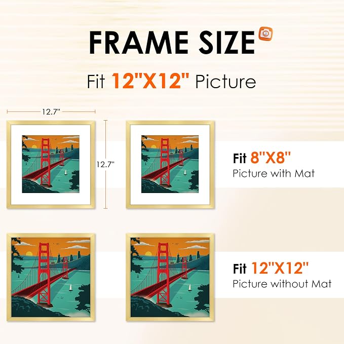 12x12 Picture Frame Gold Set of 2, Photo Frame with HD Plexiglass, Display Pictures 8x8 with Mat or 11x17 Without Mat, Gold Picture Frames Collage Wall Decor, Gallary Wall Frame
