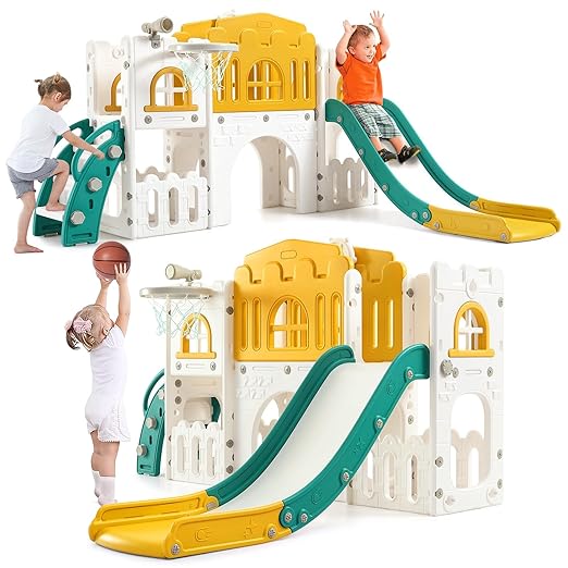 8-in-1 Toddler Slide & Climber Playset for Kids 1-3 Years, Indoor Outdoor Activity Center with Basketball Hoop, Tunnel, Telescope, Steering Wheel & Storage, Safe HDPE Backyard Fun House