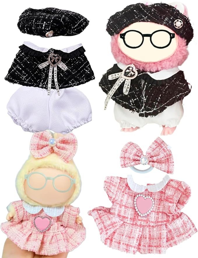 For labubu clothes 2 set cute doll clothes for labubu,17cm Dolls Outfit Accessories,for la-bubu dolls/for la-bubu clothes,pink dress+black set It's a gift for labubu enthusiasts and collectors-No Doll