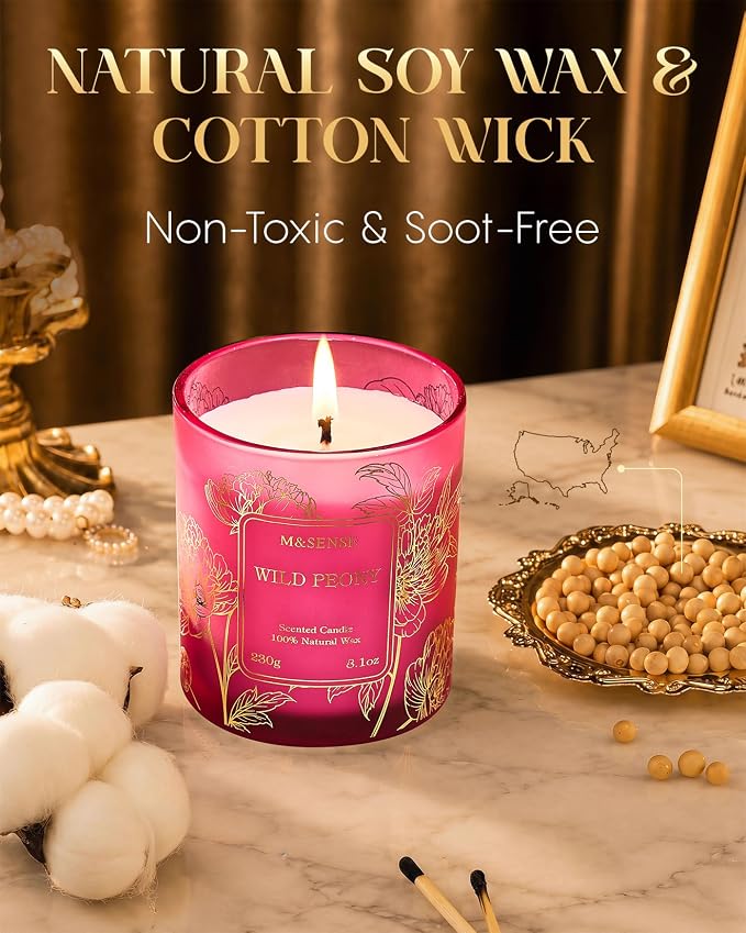 M&SENSE Wild Peony Soy Candle, 8.1oz Gilded Glass, Romantic Spa Night | 42H Long Burn, Sensitive-Safe, No Toxin, Romantic Home Fragrance, Women's Gift