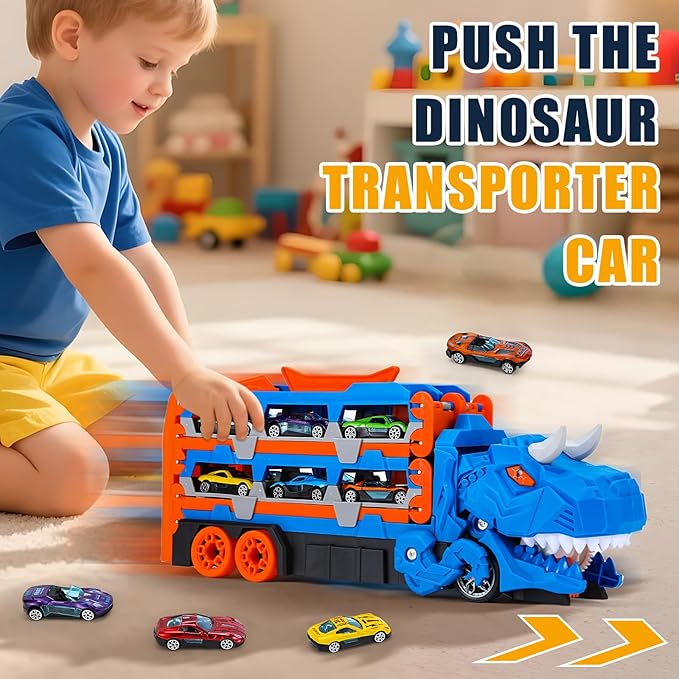 MUGEYMYD Dinosaur Toys Car Race Track Set for Toddlers 3-12, City Transport Truck with 12 Die-Cast Cars, Transforming Dino Truck Set with Foldable Tracks and Swallow, Gift for Boys and Girls.