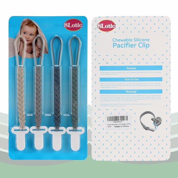 4-Pack Silicone Pacifier Clips with a Woven Rope Shape for Baby Boys and Girls - Flexible and Rust-Free Holders for Teething Relief and Baby Essentials, Safe for Newborns (Grey)