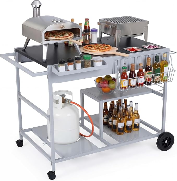 HAPPYGRILL Outdoor Grill Cart with Lockable Wheels & Garbage Bag Holder | Movable BBQ Pizza Oven Stand with Removable Hooks, Portable Cooking Prep Table for BBQ Party