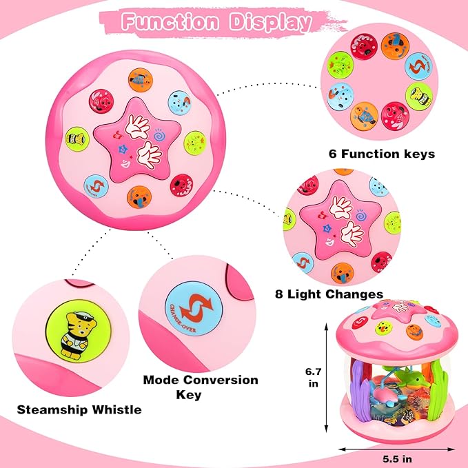 Avesa Baby Toys 6-12 Months Girl Gifts: Babies Ocean Rotating Light Up Musical Toys for Toddlers 1 2 Year Old Crawling Learning Infant Toy 6 7 8 9 10 11 12 Months Old Baby Girl Gift (Pink)