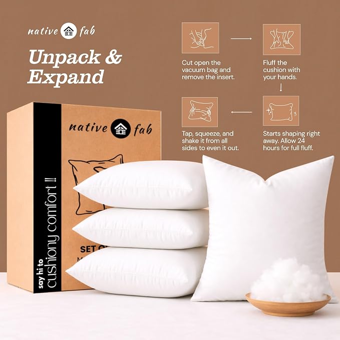 Native Fab Throw Pillow Inserts, Pack of 4, 18x18 Inches, White Polyester, Soft Decorative Cushion Fillers for Bed, Couch, Living Room, Reading Corner, Stylish Support & Home Comfort