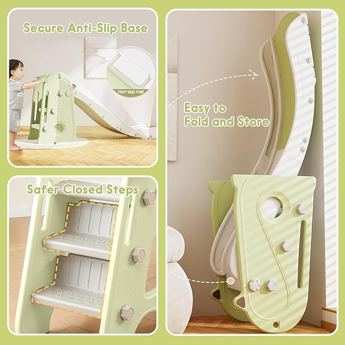 Toddler Slide for Kids, 3 in 1 Toddler Slideway, Kid Play Climber Slide Playset, Folfable for Toddlers with Basketball Hoops and Ball, Baby Slide for Backyard Playsets