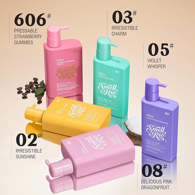 Sttes Smell Rio Body Butter 02# (Irresistible Sunshine) Pistachio, Almond, Vanilla & Salted Caramel Scent Fast-Absorbing Firming Body Cream with Coconut & Jojoba Oils, Caffeine, 250ml