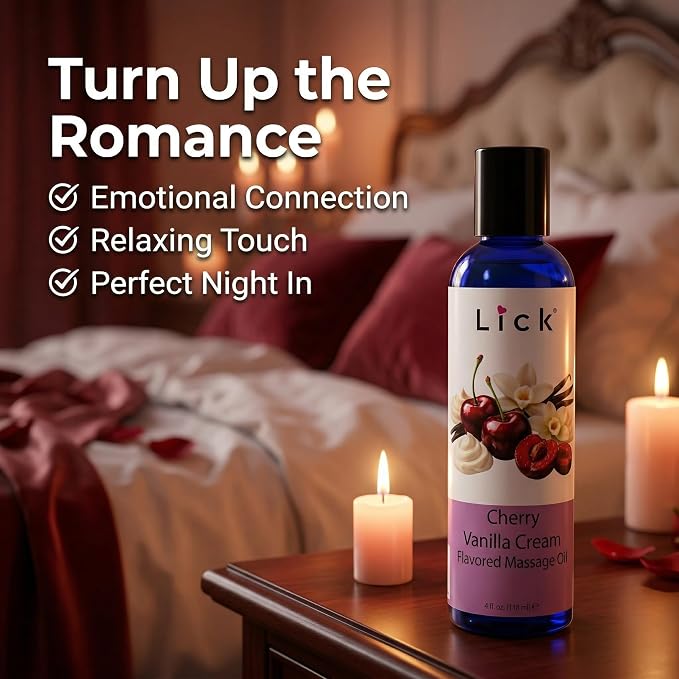 Lick Cherry Vanilla Cream Flavored Massage Oil – Tropical Edible Massage Oil with Sweet Almond Oil & Vitamin E, Hydrating Body-Safe Formula for Relaxing Couples Massage, 4 oz
