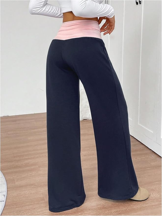 SOLY HUX Women's Sweatpants Color Block Low Rise Fold Over Waist Baggy Wide Leg Pants
