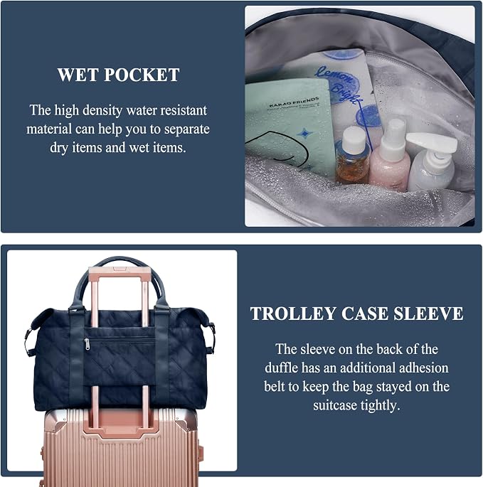 Travel Duffel Bag, Carry On Overnight Weekender Bags for Women | Travel Bag with Wet Pocket & Trolley Sleeve, For Spirit Airlines 18x14x8 Personal Item Bag