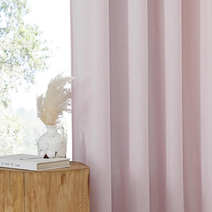 NICETOWN Blush Pink Short Linen Curtains for Kitchen, Thick Flax Small Window Treatments Semi Sheer Privacy Assured with Light Through for Cafe/Bathroom, W42 x L63, 2 Panels