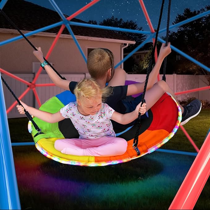 Hapfan Climbing Dome Swing Set with LED Saucer Swing, Jungle Gym for Kids Outdoor Backyard, Supports 800lbs, Easy Asssembly, Rust-Resistant Outdoor Playset for Ages 3-8 8-12