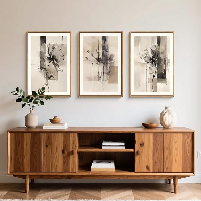 FWIEXA Black Beige Floral Canvas Wall Art Set 3, Neutral Abstract Framed Prints, Brushstroke Geometry Line Paintings, 16x24In Watercolor Ink Artwork Poster for Farmhouse, Living Room, Bedroom, Office