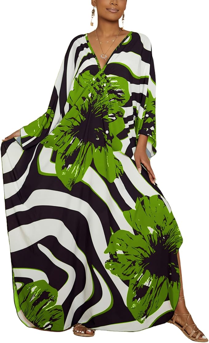 Bsubseach Kaftan Dresses for Women Floral Print Plus Size Beach Cover Up | Lightweight V Neck Loose Fit Boho Dress, Batwing Sleeve Side Slit, Moo Moos for Women Home Loungwear Cruise Resort Wear