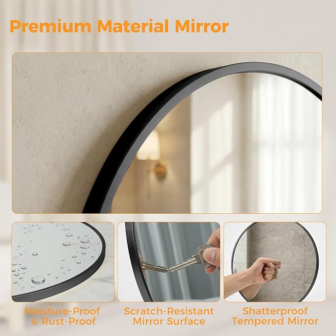 Sweetcrispy Round Bathroom Mirror for Over Sink, 28 Inch Wall Mounted Vanity Mirror with Matte Metal Frame, Decor for Bathroom, Entryway, Bedroom, Black